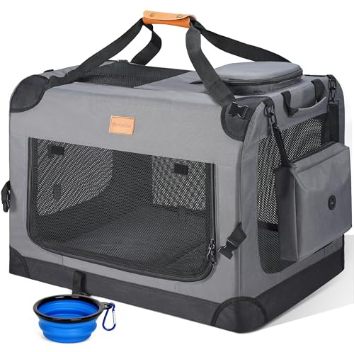 Morpilot Transportbox Hund Katze Transporttasche M 60x42x42cm, Hundebox Auto Faltbare Hundetransportbox, robust Haustier-Transportbox inkl. Hundenapf & Schultergurt
