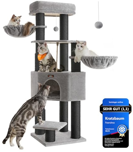 Feandrea Kratzbaum, mit warmen Decken, für große Katze, Katzenbaum, 2 Katzenbürsten, 11,1 cm d Dicke Stämme, große Plattformen, Höhle, 50 x 50 x 160 cm, Taubengrau-schwarz PCT003W01