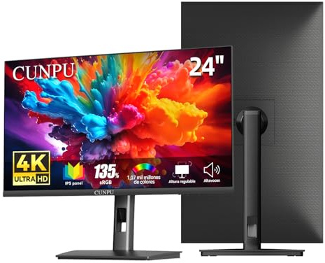 CUNPU 24 Zoll 4K Monitor, Höhenverstellbar, mit 2 Lautsprecher, SRGB 135%, AdobeRGB DCI-P3 100%, IPS Panel, UHD (3840 x 2160), 1,07 Mrd.+ Farben, Sync, 2*DP/2*HDMI, Flacher Bildschirm, Schwarz
