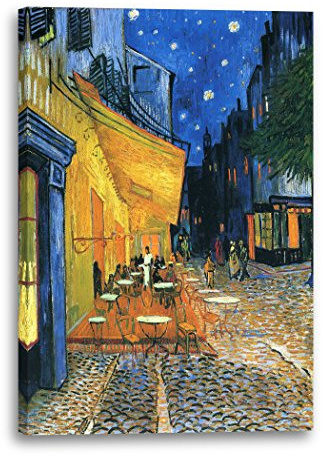 Printed Paintings Hochwertiges Leinwandbild (60x80cm): Vincent van Gogh - Nachtcafé/Nachts vor dem Café an der Place du Forum in Arles (1888)