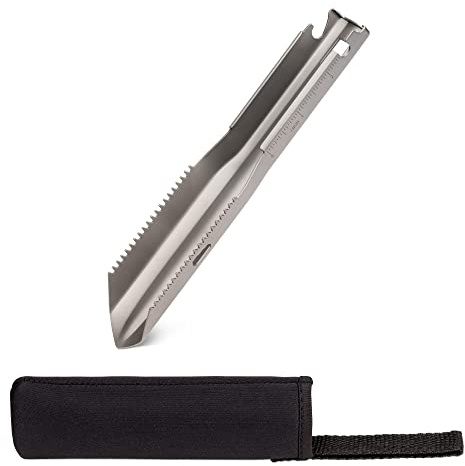 Navaris Titan Schaufel Outdoor Ultraleicht - Gezackte Campingschaufel Multitool mit Messlinien - Handschaufel inkl. Schutzhülle zum Graben Sägen