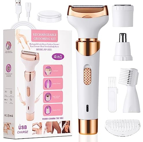 ACWOO Elektrischer Rasierer für Frauen, 4-In-1 Elektrischer Damenrasierer, Schmerzfreier Intimrasierer Elektrorasierer für Frauen, Haartrimmer für Gesicht Nase Achseln Intimbereich Bikinizone (B)