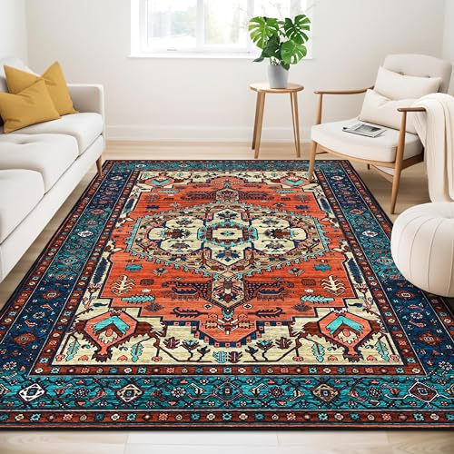WONGS BEDDING Boho Teppich Wohnzimmer Schlafzimmer Kurzflor Teppiche Waschbar Weich rutschfest Vintage Design
