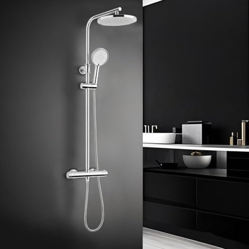 Ronvie Duschsystem mit Thermostat, 25cm Regendusche Duschkopf Chrom | 3 Strahlarten Handbrause, Höhenverstellbarer Duschstange 79-128cm, Duschset
