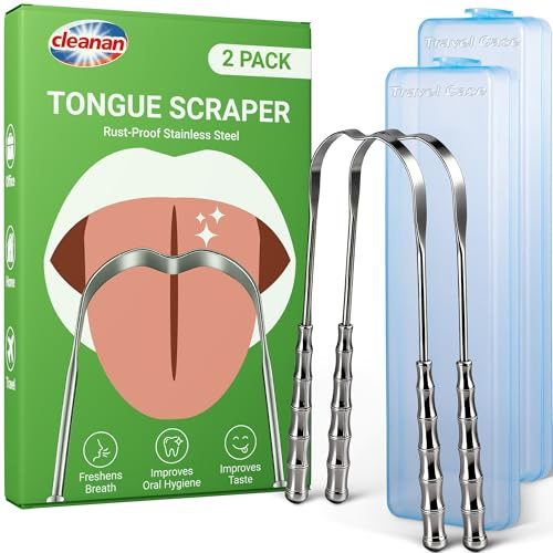 Zungenschaber Edelstahl & Zungenreiniger (2 Stück), Tongue Scraper Metall für frischen Atem, Rostfreier Edelstahl mit Reiseetuis, Entfernt Zungenbelag, Anti-Rutsch-Griff, Sanfte U-Form