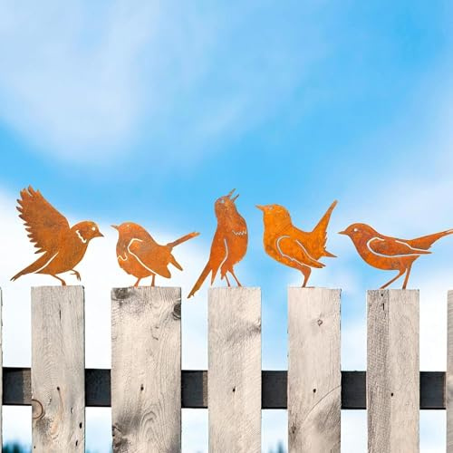 YCVSKY 5 Stück Gartendeko Rost Vogel,Rostdeko Gartendeko mit Schraube | Wetterfeste Gartendeko Rost für Gartendekoration Frühling Beet Terrasse Balkon Pfähle oder Zäune