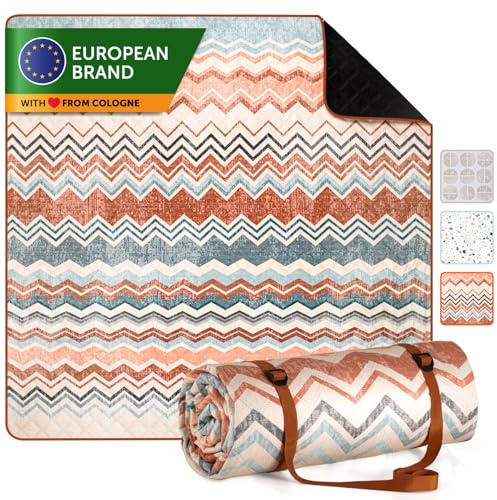 Blumtal Premium Picknickdecke wasserabweisend 200x200 cm Boho & TERRAZZO Design - waschbare Stranddecke gepolstert + weiche Zwischenfüllung - Outdoor Decke aus Oxford-Gewebe - Decke Boho Zickzack