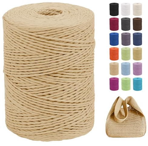CAMAL Raffia Garn zum Häkeln Von Taschen, 2mm x 300m Geflochten Raffia Papierdraht Weich Bastgarn Bast zum Stricken Tasche, Strandmütze, DIY Handarbeiten (Helles Kaffee)