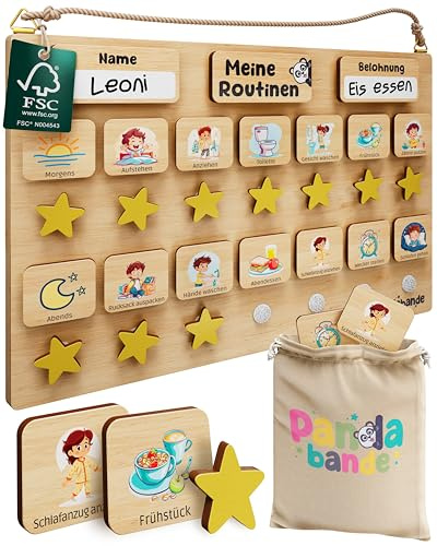 PANDABANDE Premium Routine Planer Kinder Holz - 100% FSC®-zertifiziert | Morgenroutine und Abendroutine mit 84 Karten & Sternen - Tagesplaner Kinder Routine - Routineplaner für Morgens und Abends