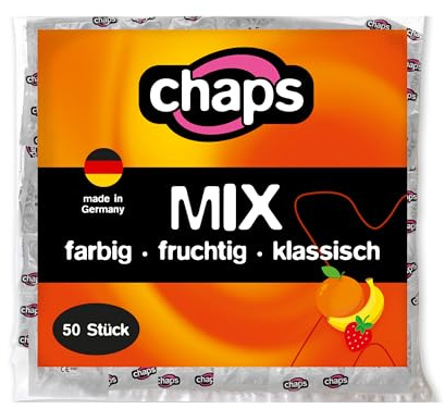 Chaps Kondome Mix Sortiment – Kondome 50 Stück in 5 verschiedenen fruchtigen Sorten für Abwechslung & Spaß, gefühlsechtes Kondom aromatisiert – dermatologisch getestet, Made in Germany