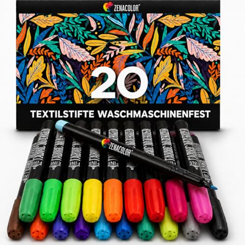 20 Textilstifte Waschmaschinenfest - Textilfarbe Waschmaschinenfest - Ungiftig, Waschfeste und Permanente Stoff Marker ideal für T-Shirts, Stofftaschen und andere Textilien - Für Kinder und Erwachsene