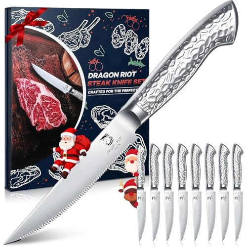 DRAGON RIOT Steakmesser Set 8-teiliges Steakbesteck mit Sägezahnklingen aus japanischem Edelstahl, spülmaschinengeeignet inklusive Aufbewahrungsbox