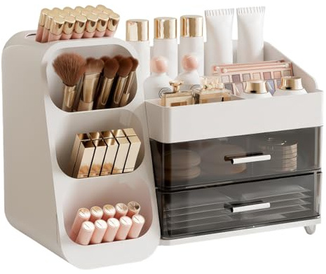 FoiiLiio Make Up Kosmetik Organizer mit 2 Schubladen, 3-in-1 Große, Weiß | Multifunktion, Einfache Aufbewahrung für Pinsel Lippenstift Skincare, Für Schminktisch Bad und Schlafzimmer