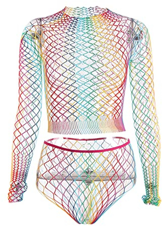 MINGSEECESS Womens Sexy Rainbow Striped Mesh See Through Bodysuit Swimwear Bikini Cover Ups Swimsuit Rave Festivals Outfits