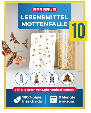 GEROBUG Lebensmittelmotten-Falle - 10 x geruchlose Pheromonfalle zum Fangen von Motten in allen Räumen - insektizidfreie Lebensmittel-Mottenfalle mit über 12 Wochen Langzeitwirkung