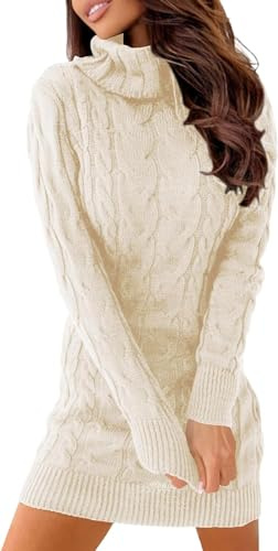 Ebifin Strickkleid Damen Rollkragen Strickpullover Elegant Jumper Kleid Pullikleid Winterkleid Stretch Sweater Dress.Beige.S
