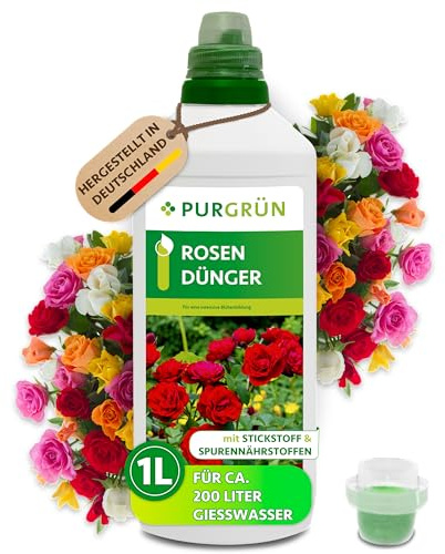 Purgrün® Rosendünger 1 Liter – Prächtige, farbenfrohe Blüten – Für innen & außen – Premium-Dünger mit Spurennährstoffen – Stärkt die Widerstandskraft – Konzentrat für ca. 200 Liter Gießwasser