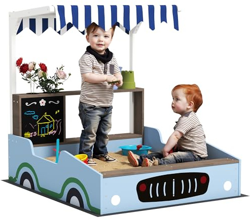 AIYAPLAY Sandkasten mit Abdeckung 90 x 120 cm aus Massivholz Imprägniert Kinder Sandbox mit Sitzbänken Zeichentafel, Pflanzkästen, Matschküche, Sandkiste für Outdoor Balkon Garten