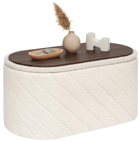 PINPLUS Sitzbank mit Stauraum, Ovale Polsterbank, Klappbarer Fußhocker, Bettbank aus Boucle Stoff, für Schlafzimmer, Wohnzimmer, Weiß, 76x38x38 cm