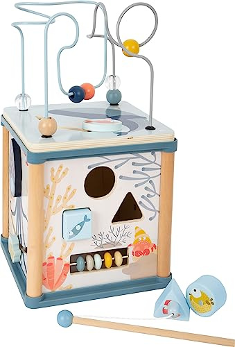 small foot Motorikwürfel Unterwasserwelt aus Holz, mit fünf bespielbaren Seiten, für Kinder ab 12 Monaten, 11910, Blau