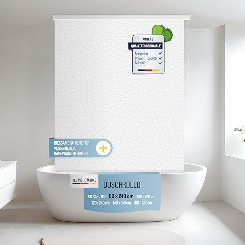 Rapid Teck Halb-Kassetten Duschrollo 80 cm x 240 cm in verschiedenen Designs - Duschvorhang mit Seilzug – moderner Badewannenvorhang – platzsparendes Duschvorhang Rollo
