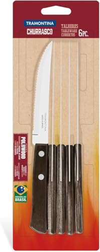 Tramontina Steakmesser Pizzamesser, Set 6-teilig, mit 6 Steakmessern aus Edelstahl, Echtholzgriff braun