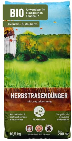 Plantura Bio-Herbstrasendünger, 10,5 kg für 200 m² | 3 Monate Langzeitwirkung, Kaliumdünger für maximale Winterhärte, Streuwagen geeignet, anwendbar im biologischen Landbau