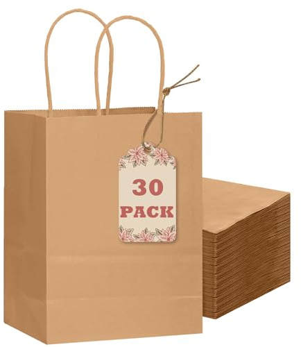 Gcardist 30-Packs braun Geschenk-Taschen mit Griffen Bulk 8.3"x6"x3.15" kleine Größe Kraftpapier Taschen mehrere Verwendungen (15x8x21, kleine Größe)