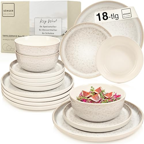 SÄNGER Key West Steinzeug-Tafelset, 18 Teile, Service für 6 | 6 x Speiseteller, 6 x Müslischalen, 6 x Dessertteller, Creme mit Sandstruktur