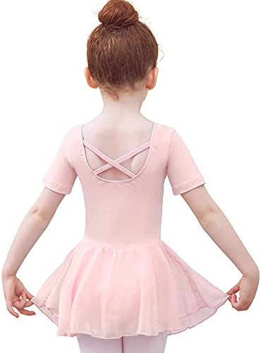 Tancefair Kinder Ballettkleidung Mädchen Ballettkleid Kurzarm Tanzkleid Baumwolle Balletttrikot Ballettanzug Tanzbody Gymnastikanzug mit Chiffon Rock Tütü