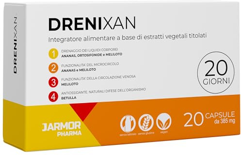 Drenixan | Wasser Balance & Entwässerung + Stoffwechsel | Mit Bromelain, Rosskastanie, Rutin, Steinklee, Birke, Orthosiphon 20 konzentrierte Kapseln J.Armor Pharma