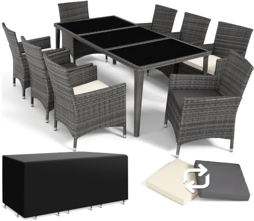 tectake 800104 Aluminium Poly Rattan Essgruppe, 8 Stühle + 1 Esstisch mit Glasplatten, inkl. 2 Bezugssets und Schutzhülle - Diverse Farben (Grau | Nr. 403084)