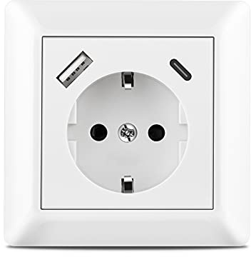 Sasudose USB Steckdose Weiß Unterputz Schuko Steckdose mit USB Anschluss und Typ C (Max. 3.4A) System 55 Reinweiß Glänzend Wandsteckdose Passent in Standard Unterputzdose, Sockeltiefe nur 32mm