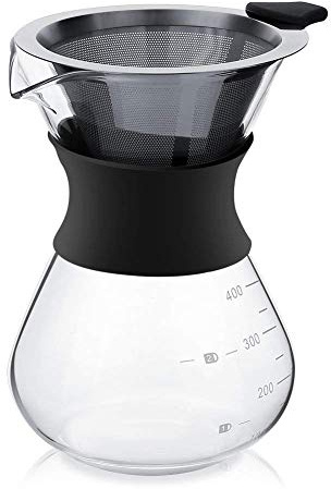 YunNasi Pour Over Kaffeebereiter Hand Kaffee Edelstahl Handfilter aus Glas mit Permanentfilter (400ML) Schwarz