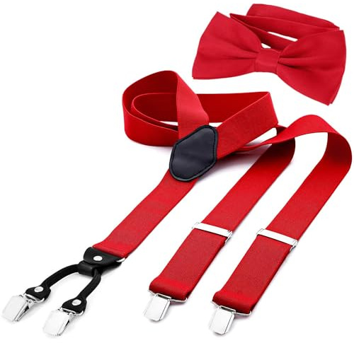 DonDon Herren 3,5 cm breiter Hosenträger in Y-Form elastisch und verstellbar im 2er Set mit farblich passender Fliege 12 x 6 cm