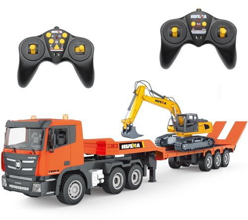 fisca RC Semi LKW und Bagger Spielzeug, 2.4Ghz Ferngesteuerter Pritschenwagen und Bagger Spielzeug, 1:24 RC Sattelzugmaschine mit Sound und Lichtern Geeignet für Baufahrzeuge für Jungen(Orange)
