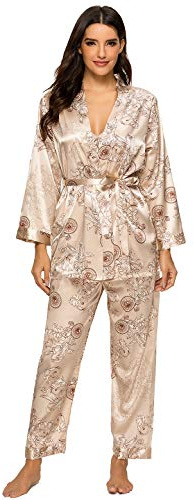 Escalier Pyjama-Set für Damen, Seidensatin, 3-teilig, Blumenmuster, seidig, Nachtwäsche, Cami, Nachtwäsche mit Bademantel und Hose