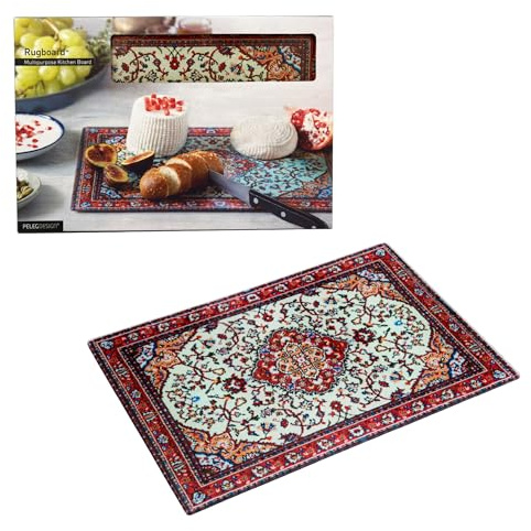 PELEG DESIGN Rugboard Schneidebrett Glas – Dekoratives Glasbrett im Orientteppich-Design, Hitzebeständige Servierplatte & Untersetzer, Gehärtetes Glas, Spülmaschinenfest, 24,5 x 36,5 cm