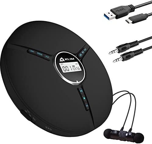 KLIM Discman - Tragbarer CD Player mit eingebautem Akku - NEU - inklusive KLIM Fusion Kopfhörer Kompakter Mini Portable CD Player, kompatibel mit CD-R, CD-RW und MP3 - Schwarz
