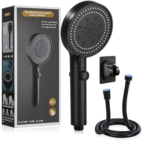 jutyum Duschkopf mit Schlauch, 6 Strahlarten Duschkopf Wassersparend, Duschbrause mit Schlauch 1.5M und Halterung Ohne Bohren, Wassersparender Duschkopf, Handbrause, Shower Head, Schwarz