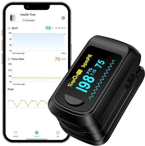 HealthTree Bluetooth-Blutsauerstoffsättigungsmonitor, Herzfrequenzmesser für Apple und Android, mit OLED-Bildschirm, 2 AAA-Batterien und Trageband