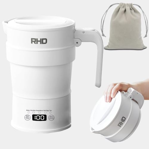 RHD Faltbarer Reisewasserkocher 0,7 L, 1000W 316 Edelstahl, 220V Weiß | Typ C Stecker, Digitales Bedienfeld, Warmhaltefunktion 2h, Startverzögerung, BPA-frei Silikon, für Reise & Camping