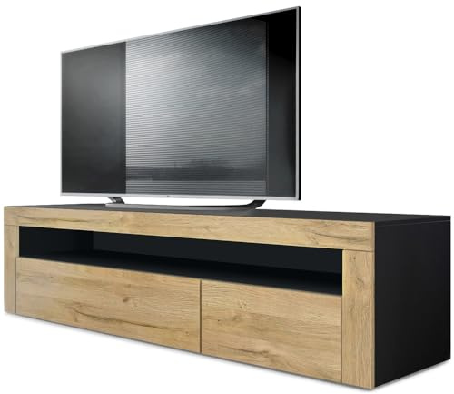 Vladon Lowboard Valencia, Made in Germany, TV-Kommode mit 1 offenem Fach und 2 Klappen, Schwarz matt/Eiche Natur (155 x 46 x 40 cm)