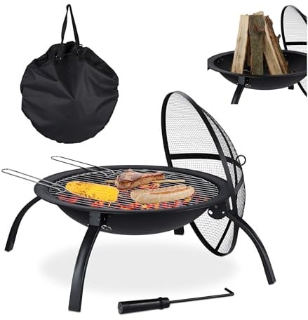 Relaxdays XL Feuerschale, mit Tasche, Grill Rost, Schürhaken, Funkenschutz Deckel, Garten, Terrasse, D 56,5 cm, schwarz