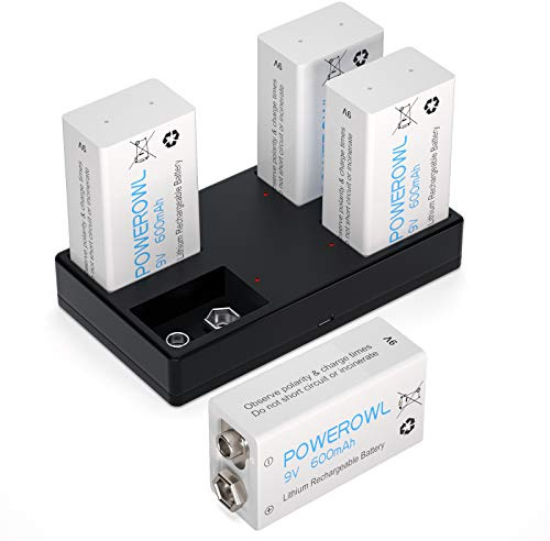 POWEROWL 9v Akku mit Ladegerät 4 Slot Li-Ionen 600mAh 9 Volt Blockbatterie Lithium Wiederaufladbar Batterien geringe Selbstentladung für 10 Jahres Rauchmelder 4 Stück