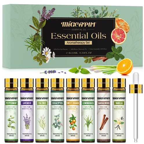 Migcaput Ätherische Öle Set 8X10ml, Naturrein Essential Oils Duftöle für Diffuser, Luftbefeuchter, Kerzenherstellung - Teebaum, Lavendel, Eukalyptus, Zitronengras, Pfefferminze, Orange, Sandelholz
