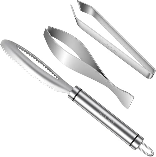 SelfTek Fischschupper Fischgrätenpinzette Set - 3 Stück Fischentschupper Grätenzange für Fisch, 304 Edelstahl Fischschuppen Entferner Grätenpinzette Küchenpinzette für Angler Hausfrauen Köche Fischer