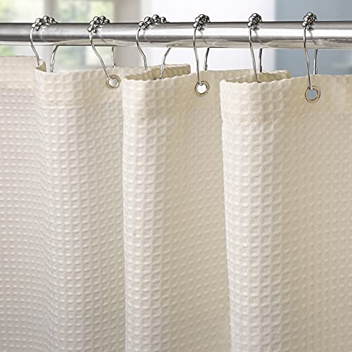 Waffel Duschvorhang mit Metall Duschvorhangringe Stoff Textil Badewannenvorhang Anti Schimmel Bad Vorhang Set Wasserdicht Badewanne Vorhang Schwerer Shower Curtain Badezimmer - 182 x 182cm (Creme)
