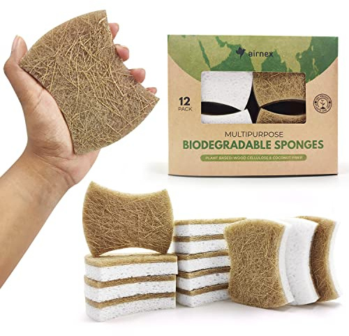 AIRNEX 12er Set Natürliche Spülschwämme – Aus Zellulose, Kokos und Recyclingfasern – Umweltfreundlich, Geruchsfrei, Kratzfreier Naturschwamm – Für Küche & Bad – Green America & PETA Zertifiziert