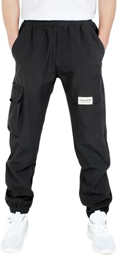 CAMLAKEE Wasserdicht Outdoorhose Kinder Trekkinghose Jungen Wanderhose Softshellhose Cargo Jogger Jungs Hose mit Elastische Taille Schwarz DE:152-158 (Herstellergröße 160)